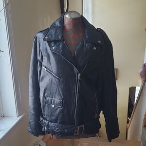 Vintage Flight Path Black Leather Patchwork Biker Jacket - XL